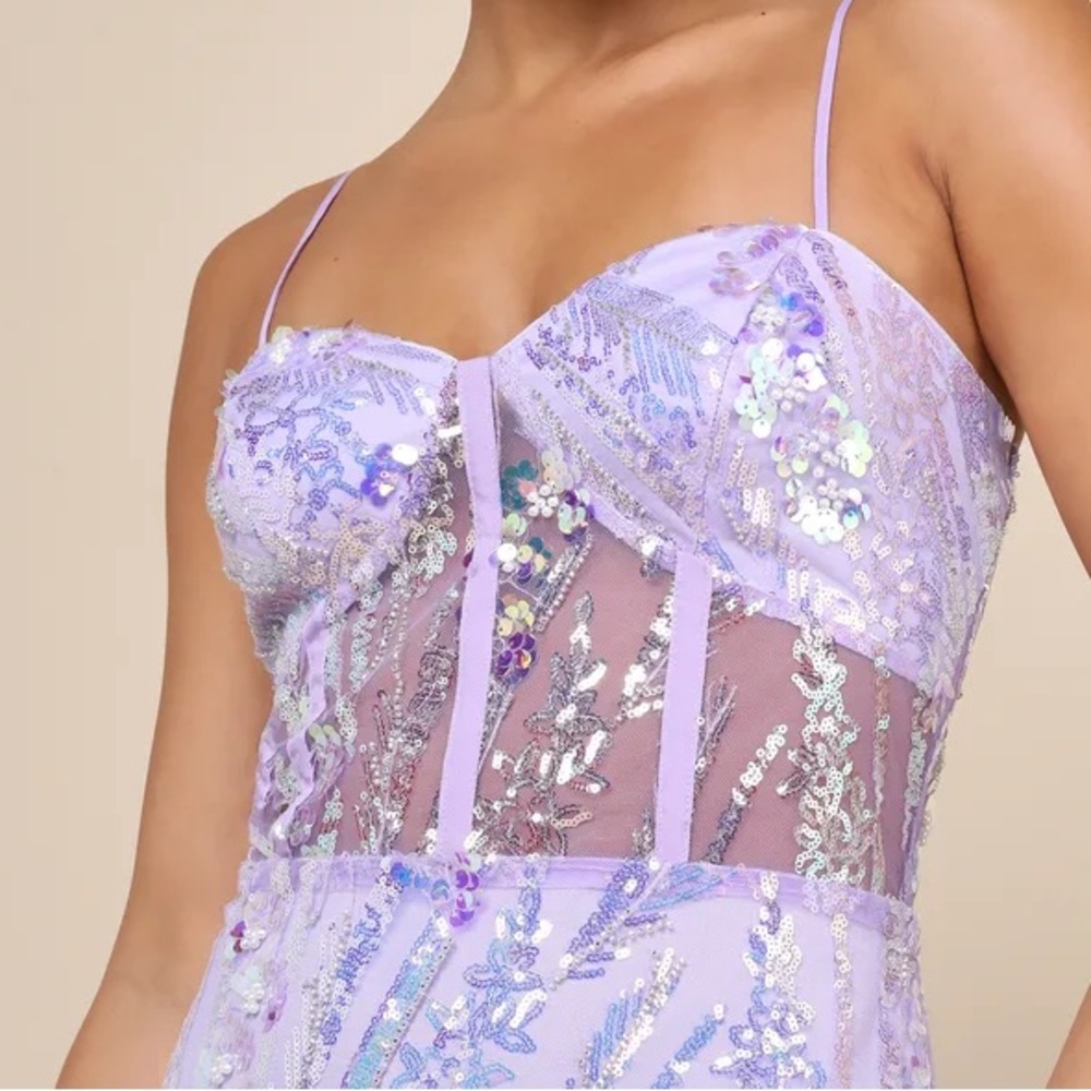 Lulu’s NWOT Perfection Seeker Lavender Iridescent Sequin Bustier Prom Maxi Dress - Picture 4 of 15